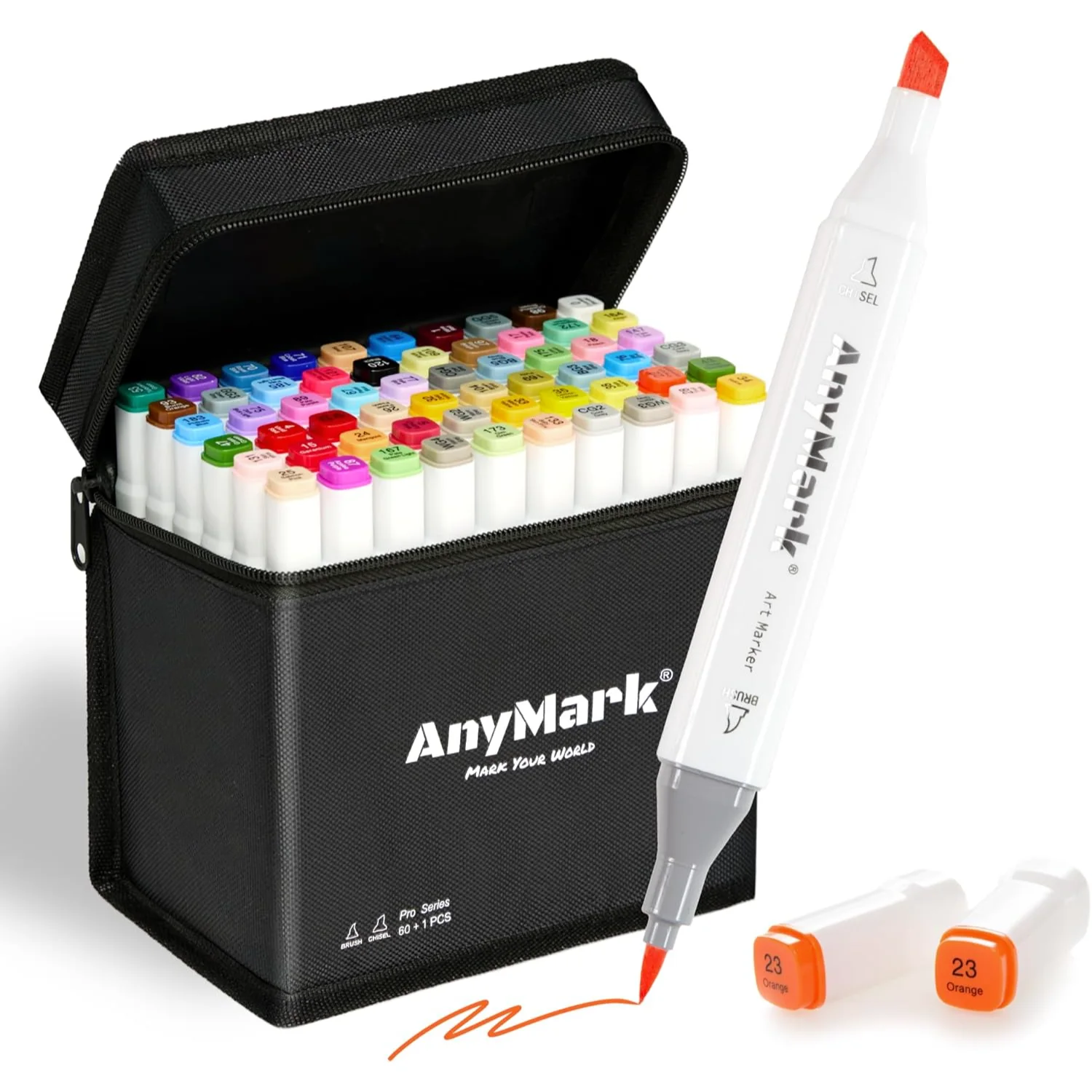 An open AnyMark case with a full rainbow of alcohol markers