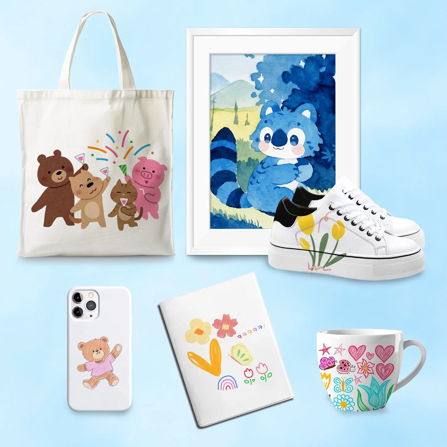 A tote bag, phone case, mug and sneakers decorated with AnyMark paint pens